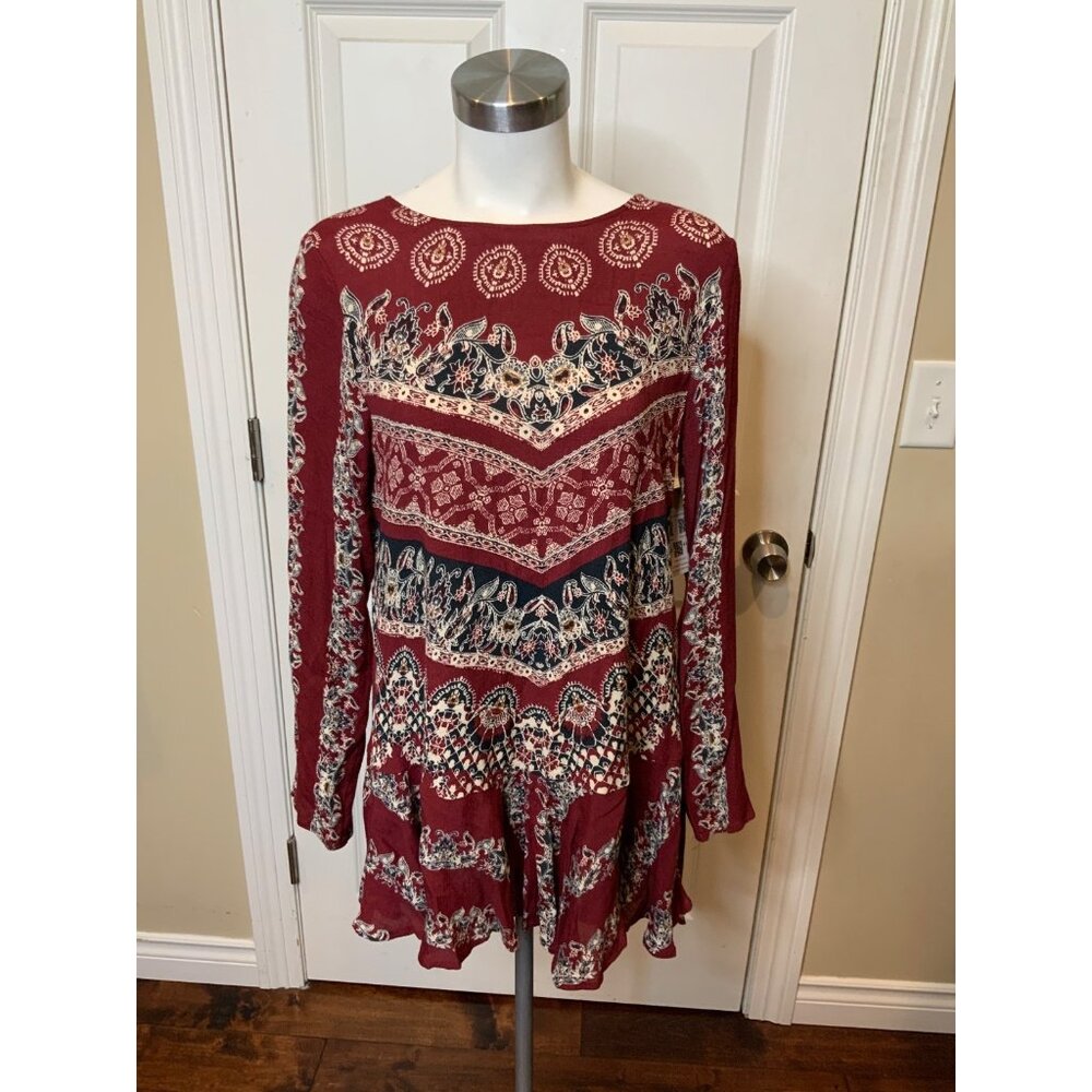 Free People Maroon Floral Open Back Boho Long Sleeve Top, Size S